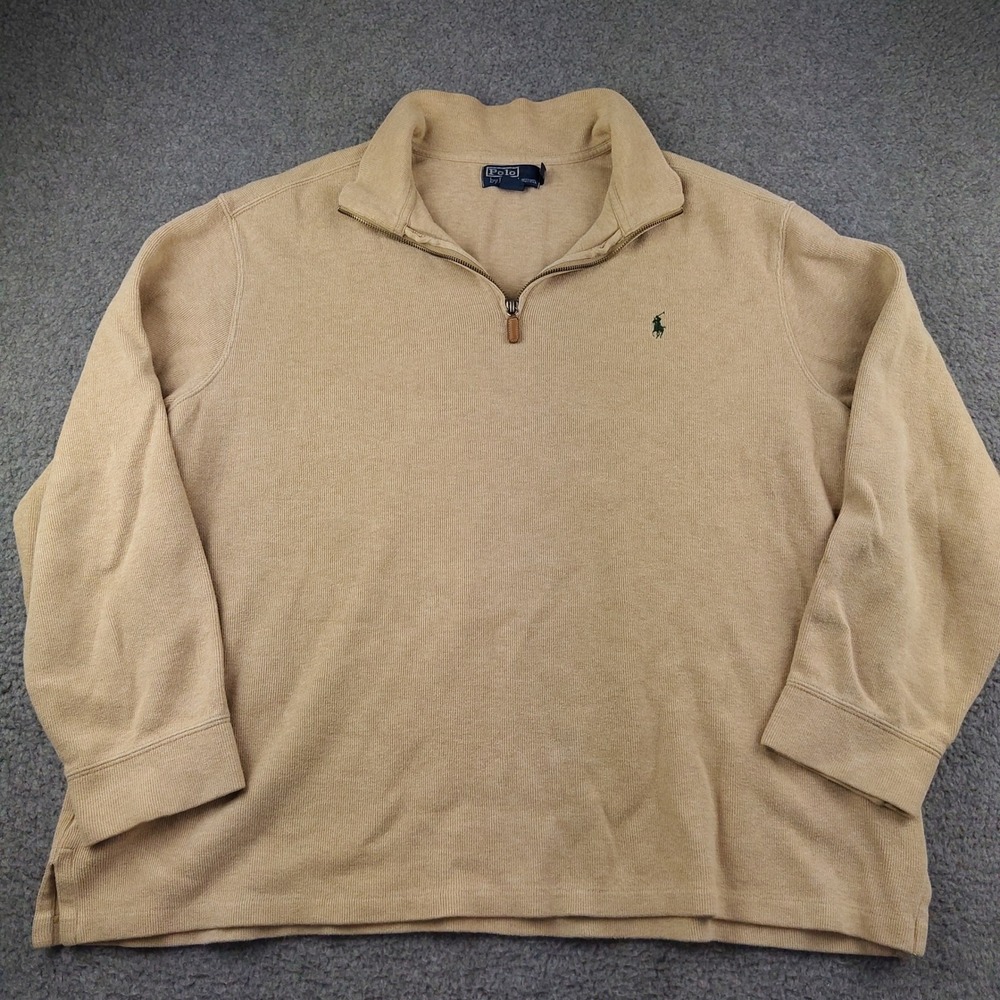Polo Ralph Lauren Sweater Mens 2XL XXL 1/4 Zip Brown Carmel Ribbed Knit Cotton
